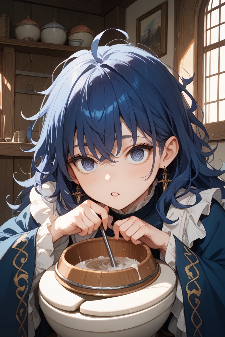 masterpiece, top-quality, One young wizard、cute little、magic wands、Magic broom、medicinal herbs、nutty、mushroom、Magic House、Magic Kitchen、hour glass、detailed and beautiful faces、beautidful eyes、seducting smile、majutsu、magical fantasy、in isekai、Dark hooded cloak、Hooded、FULL BODYSHOT、Dynamic angles、Magic costume、