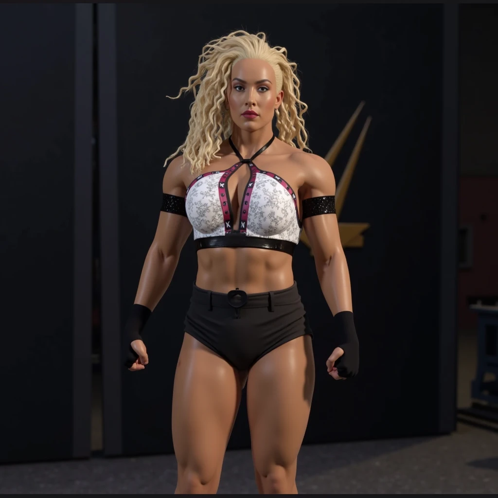 ultra realistic ,highly detailed ,blonde ponytail beautiful female wrestler in a black wrestling outfit with "I AM THE BIG 10" on it, nylons blue cutoff shirt with short sleeves, fit body, realistic body, realistic cloth best quality, ultra high res, (photorealistic:1.4), 8k resolution, 1girl, (random hair:1.3), (realistic hair:1.2), (American girl:1.2), (European girl:1.2), (realistic eyes:1.2), (beauty face:1.3)