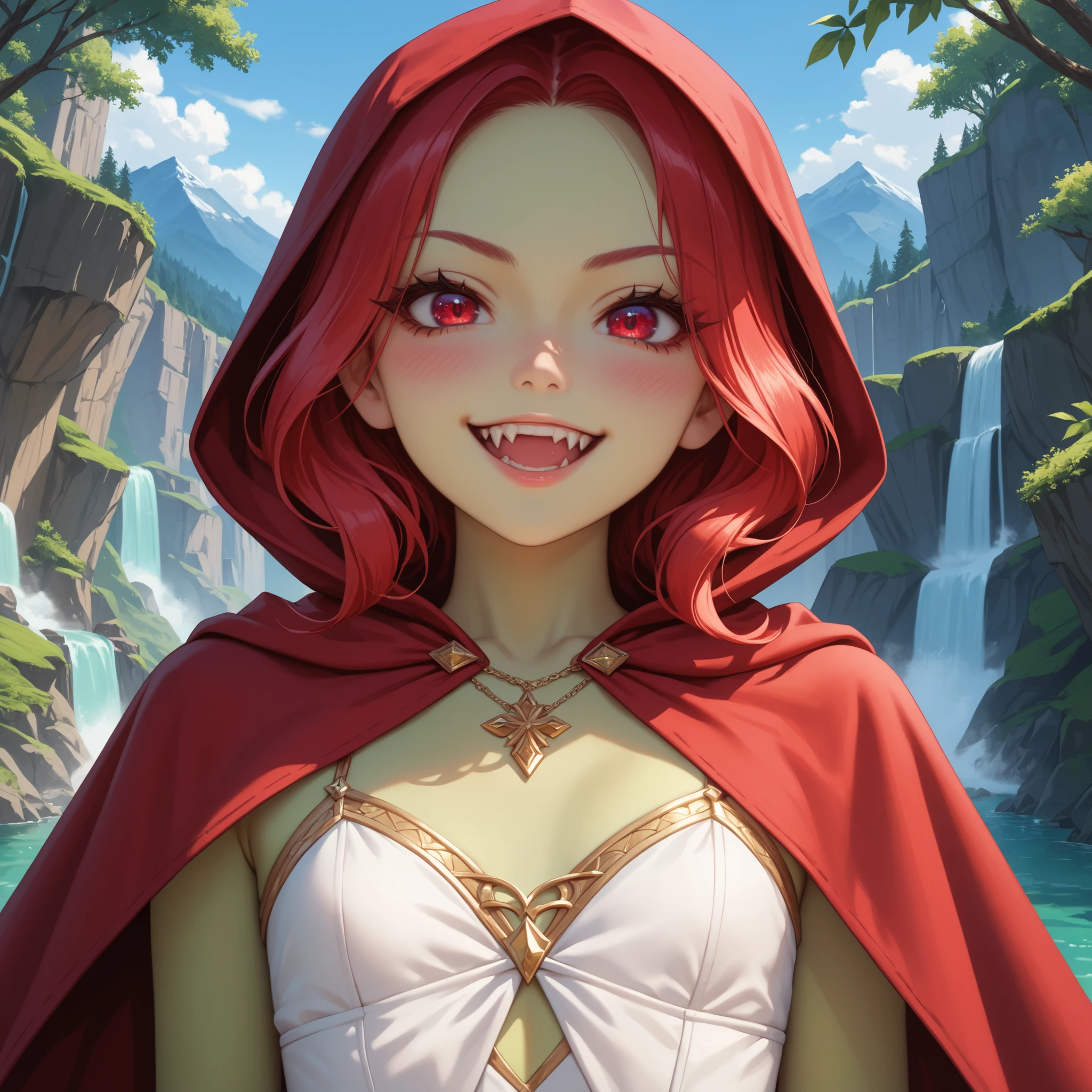 solo, lone evil villain giantess european (goblin) girl with red hair standing in front of a waterfall, gigantic 1 girl, short, petite, cute, young, mean eyes, seductive stare, green skin, yellow skin, chartreuse skin, (hooded assassin outfit:1), gold daggers, (modesty:1), luxurious outfit, gold ornament outfit, summer landscape, forest, mountains, blue sky, flowing cape, (silk thief cloak:1), fantasy artwork, anime fantasy illustration, looking at viewer, crimson eyes, her large shadow covers the giant landscape, flat chest, high resolution, perfect, evil smile, arrogant, mean, large clean fangs, cute nose, highly detailed hair, dark eyelashes, blush, from below, high quality, best quality sfw, close view, close-up of necklace, centered on necklace, dark shadow, her giant shadow is covering background, fully cloaked, (modest red riding hood outfit:1), golden pauldron,