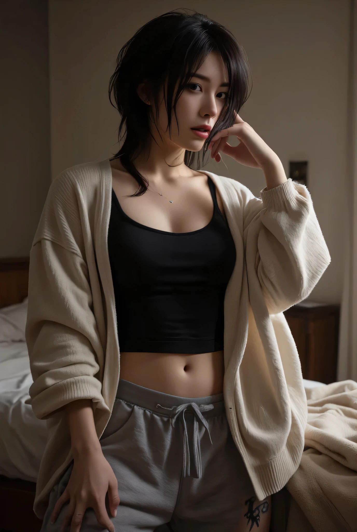 black hair woman, with wolf cut, wear a tanktop and cardigan, sweat pants, in her room, with tattoo on her tights