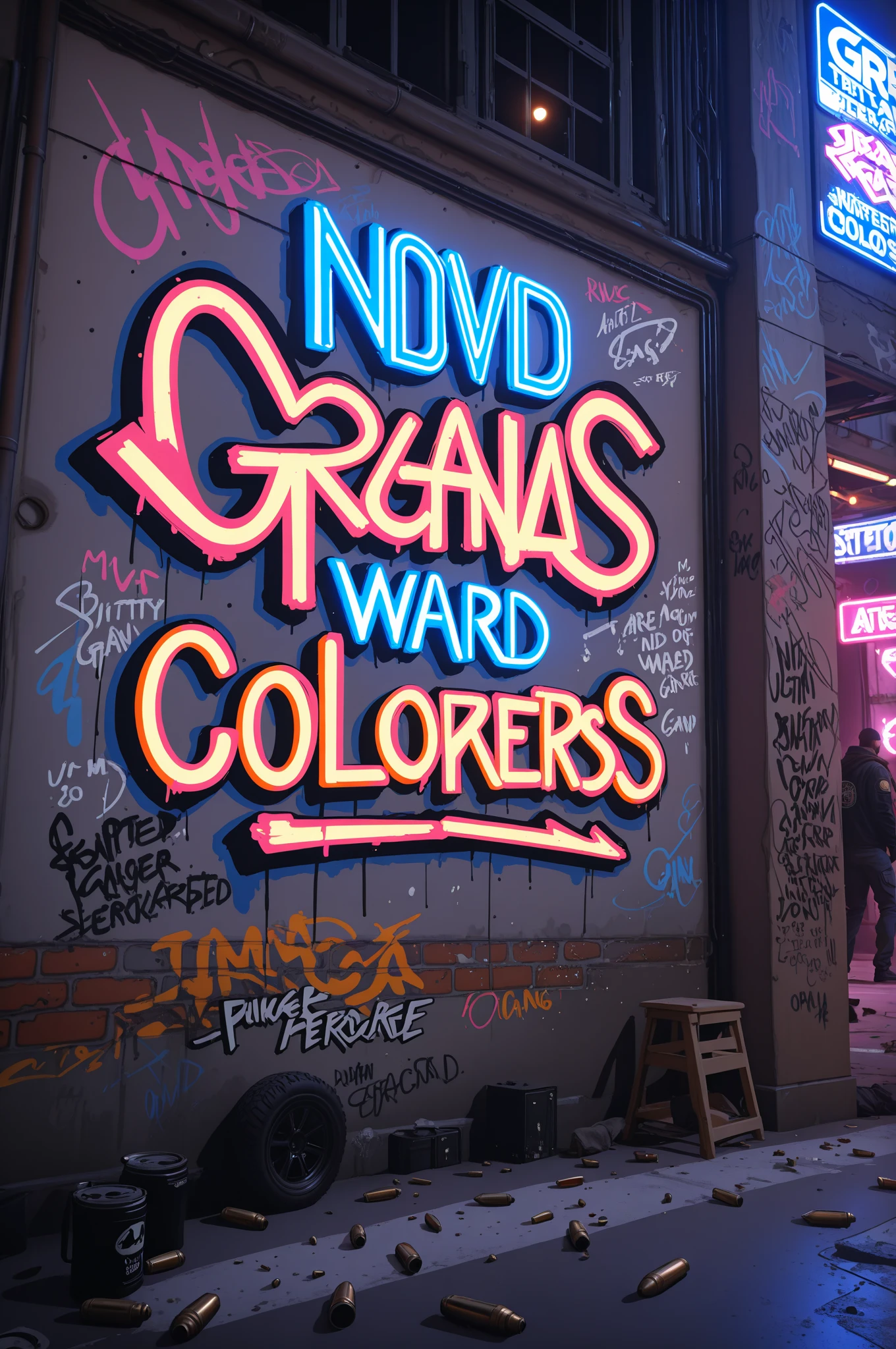 GTA gang war, graffiti, bullet holes everywhere, GTA-style, (Wasted text:1.5), cinematic_scene, detailed_criminal_gang_warfare, gritty_urban_environment, bullet_ridden_walls, graffiti_covered_surfaces, weathered_buildings, neon_street_lighting, dramatic_chiaroscuro_lighting, washed_out_color_palette, hyper_realistic_3D_render, unreal_engine, 8K_resolution, photorealistic, HDR, physically-based_rendering, extreme_detail, professional_quality, vivid_colors, bokeh
