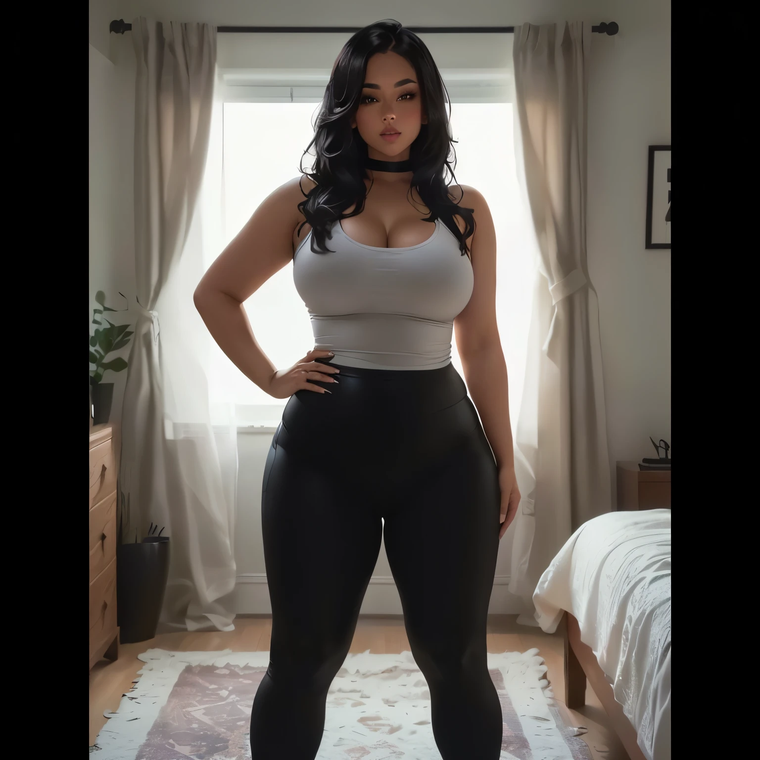 Short girl with extremely tight black yoga pants a tight T-shirt glasses long brown hair and is very cute and has absolutely gigantic and thick thighs with a gigantic legs