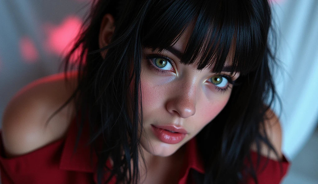 A hyper-realistic three-quarter view in 8K of a beautiful green-eyed woman with long hair, cyberpunkt style, which are shaved on the side, deep porcelain skin. Looking straight ahead, She wears a red leather jacket. Soft lighting. Few details,