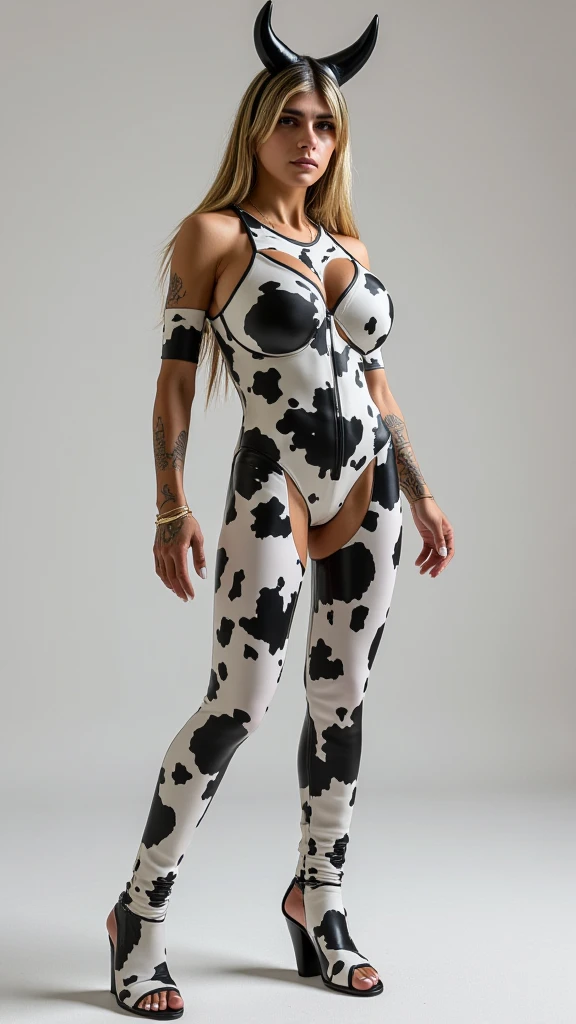 Masterpiece, 4K, bokeh, (Japanese idle:1.6), (Cat ears:1.3), (Cow pattern catsuit:1.3), (White background:1.3), (colseup:1.3), (from below:1.3)
