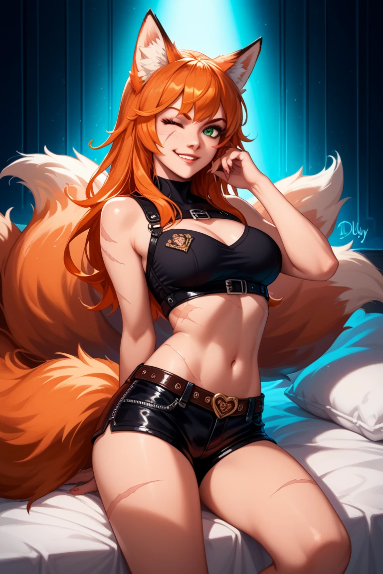 a redhead woman, very long hair falling to butt height. She is wearing a purple blouse that highlights her large breasts.. She has red fox ears, with the inside of the ears in light pink, and a red fox tail with a light pink tip. Only his left arm is completely tattooed. She has fair white skin and a slim body with blue eyes.