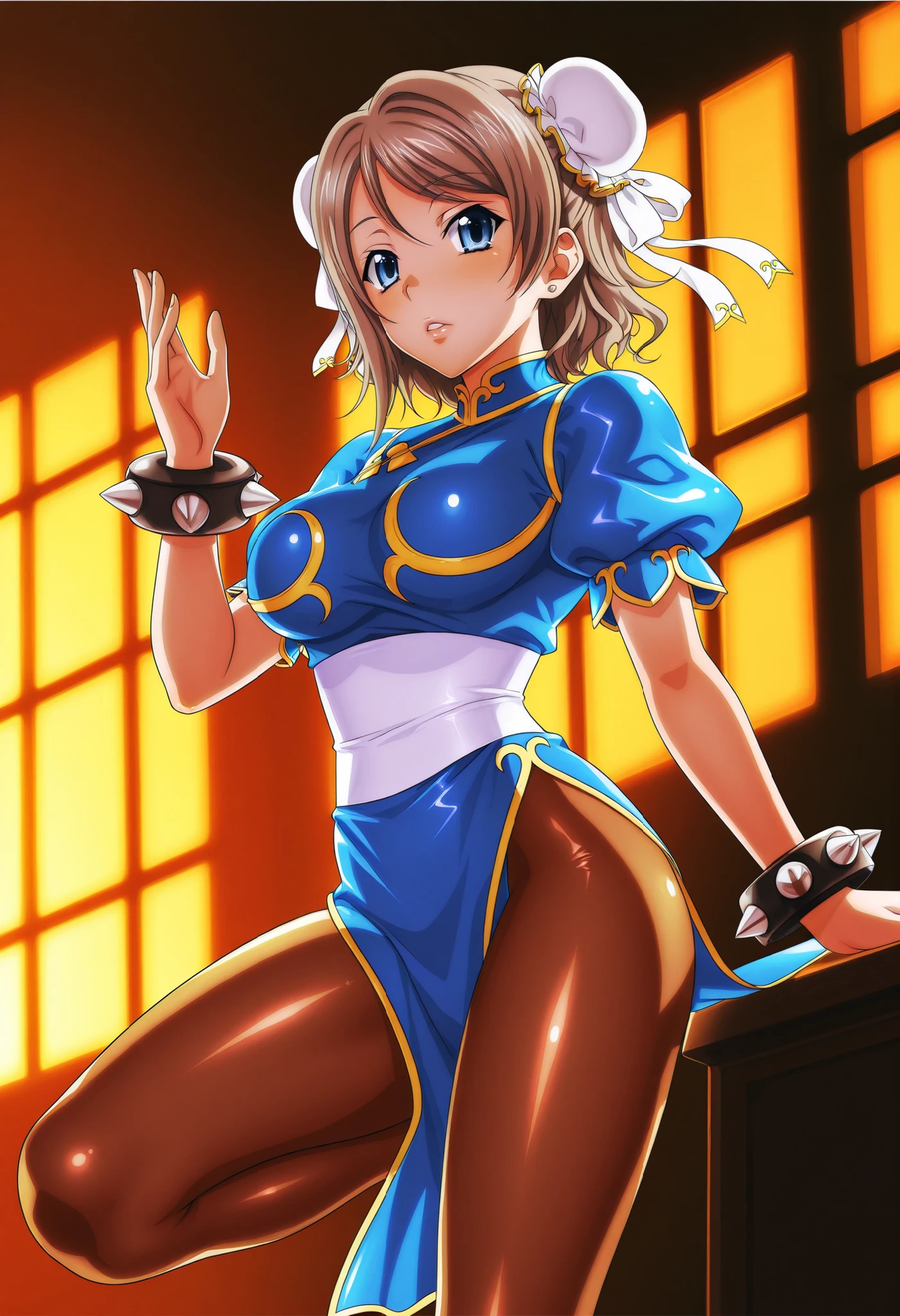 Beautiful girl Chun-Li in super shiny long sleeve Chinese dress(1 person) Fucked in the standing position
