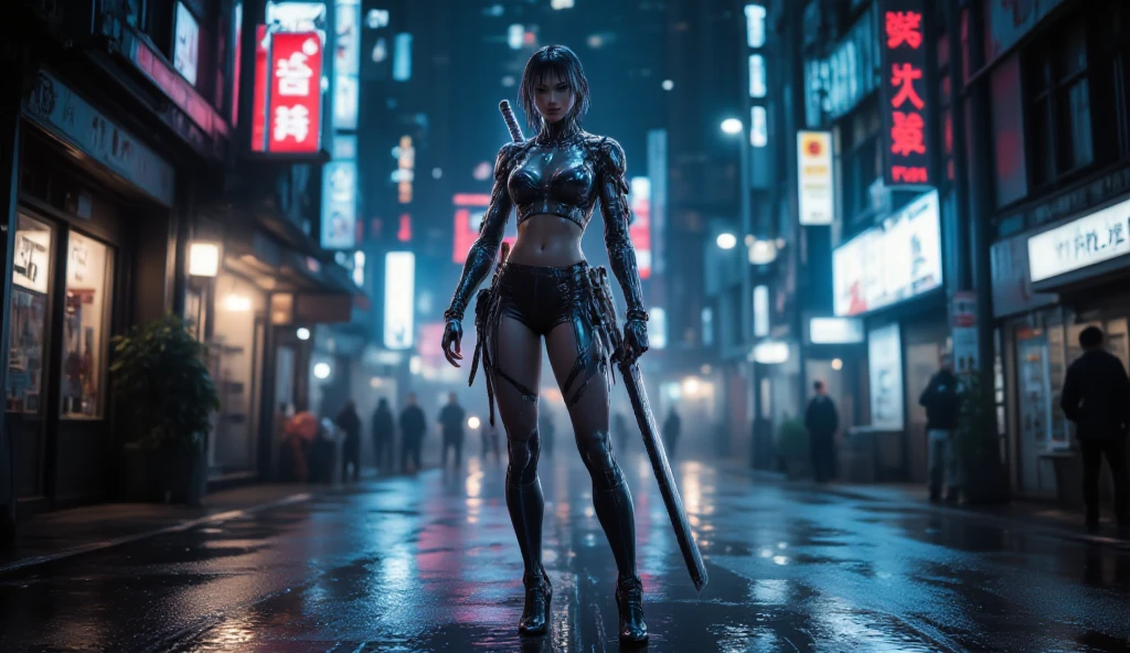 highest quality、Super fine、Realistic、A young and very beautiful woman、Beautiful detailed eyes、Beautiful detailed lips、cyberpunk、huge breasts、(Holographic kimono:1.4)、((Mecha、Armament、knife、Cyberpunk city girl:1.37))、neon、Street graffiti、Night view、Mysterious atmosphere、High-tech gadgets、Vibrant colors、 Glowing Effects、Urban decline、skyscraper、Bustling Crowd、Urban fashion、Sleek and futuristic design、Technological advances、Edgy hairstyles、Dark Alley、Electronic Music、Energy Beam、A strong and confident posture、Cool and confident look、詳細なMechaアーマー、Cowboy Shot、Samurai girl