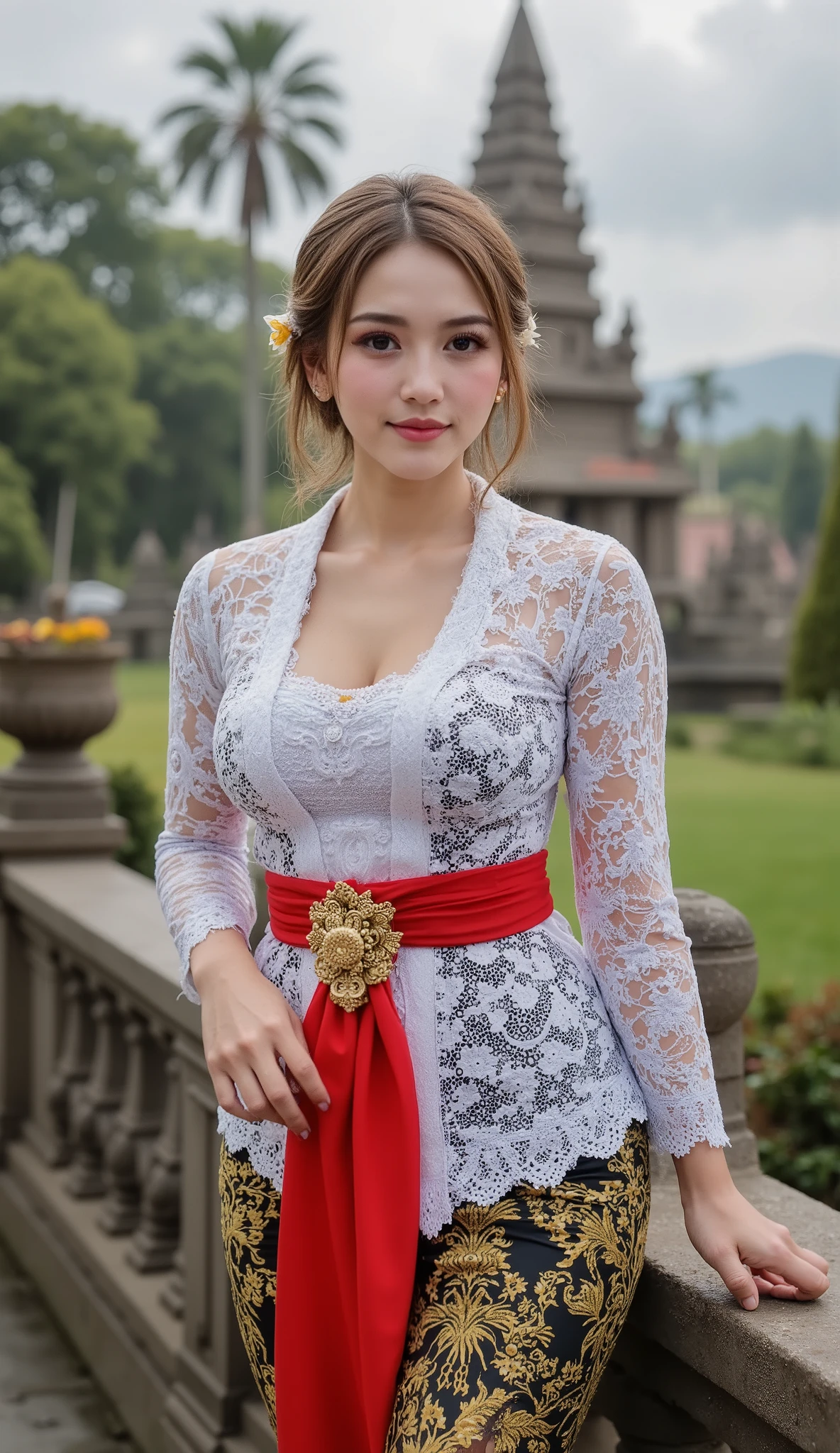(karya agung, top quality:1.2), 1girl , Japanese girl, is very pretty ,(roti besar:1.4), big , bbw , Pirang ,sendiri, bunga , kebaya_bali, putih _kebaya_bali, stands on bridge, Tilt your back kamera, Tilt your back, balinese temple background, Beach .