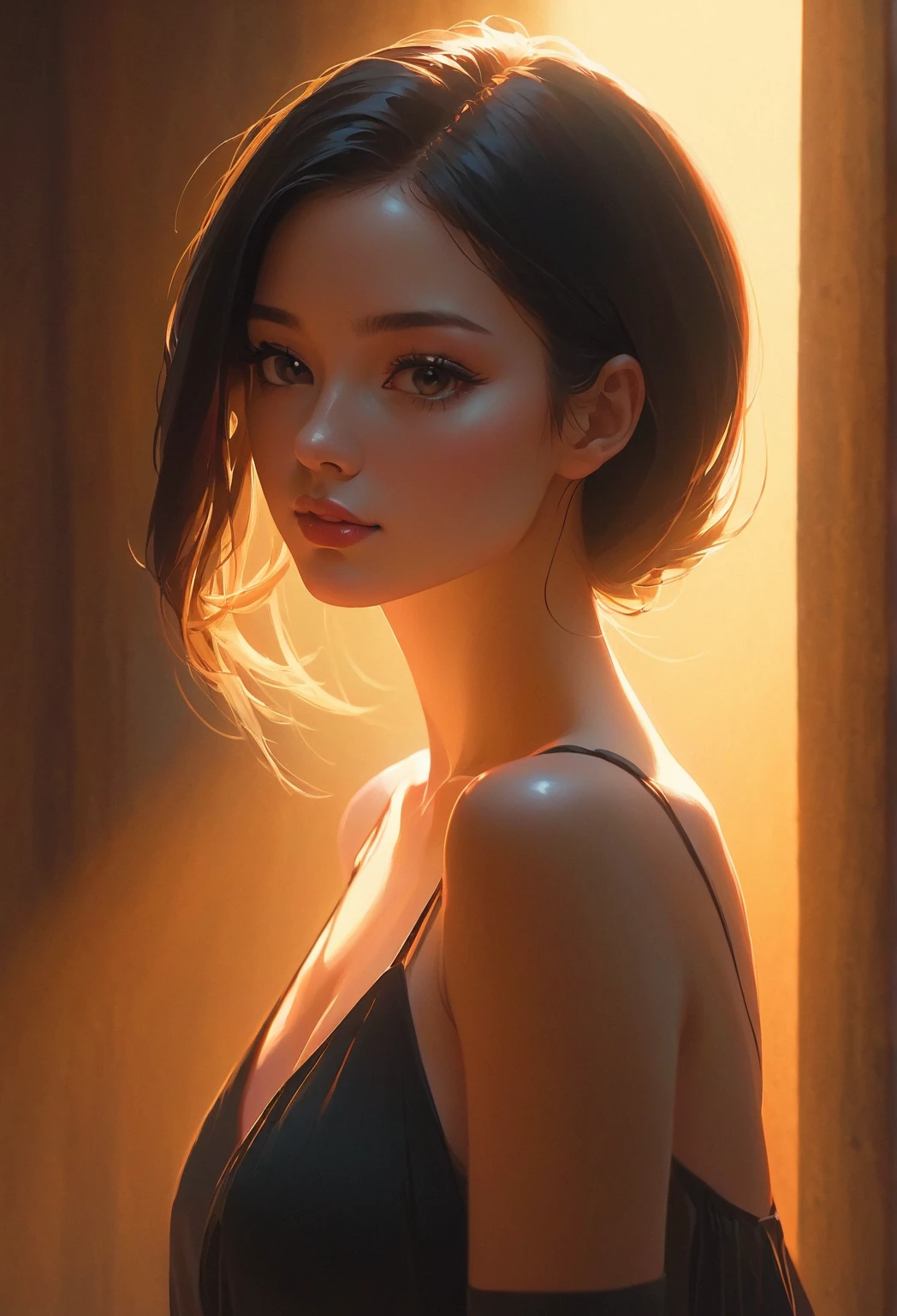 Realistic, beautiful woman pixie cut brown hair wearing white shirt and black pants,, smokey light yellow on the background