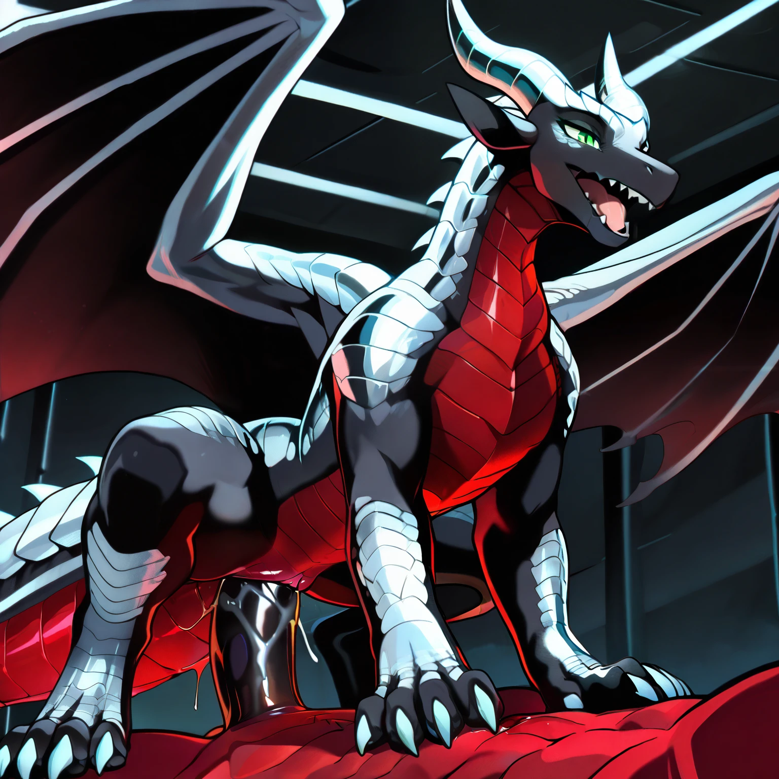 anime style, anime shading, clean lines, masterpiece, best quality, full body picture, centered, enderdragon, feral dragon, female dragon, 1girl, long horns, wings, claws, green eyes, perfect eyes, (overlapping red chest scales), slender body, dark silver scales, metallic scales, silver horns, (dark ceiling background), sex, intercourse, ((moaning)), ((begging for more)), on top of viewer, (vagina penetrated by viewer dark penis), (vagina leaking)