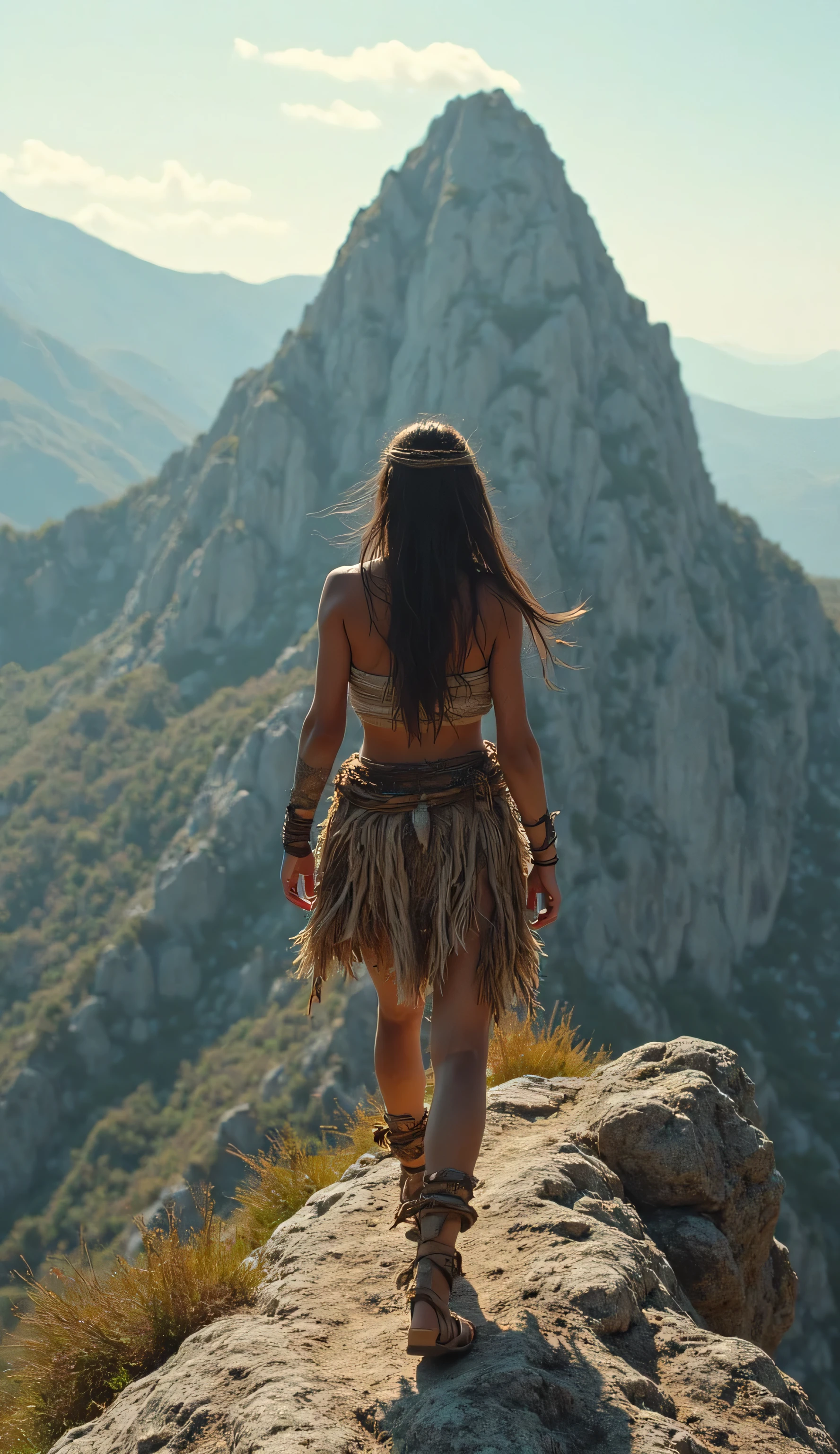 First person (POV) view of the legs ((walking)) of a prehistoric warrior woman dressed in a rustic style with skins and ropes, centered in the image, walking on top of a sharp mountain seen from above. The person's legs and feet are visible, offering a perspective into the distance. The composition is a first-person perspective, looking down.