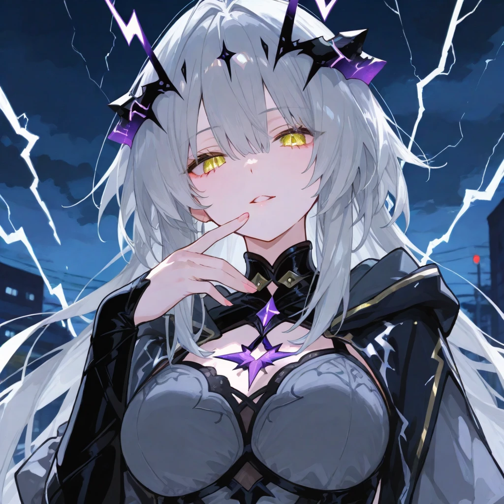 Vampire Woman、Purple aura of magical power、Very pale skin、Red eyes、Silver Hair、Red nails、Demon World、In the distance you can see the vampire's castle、Late Night、Revealing vampire costume、Vampire Fangs、Feathers on the back、whole body、Spreading feathers、Floating in the air、Beautiful Face、Normal milk、barefoot、Long, slender legs、Tight waist、belly button、Creates purple magical flames in the palm of your hand、whole body、Enchanting