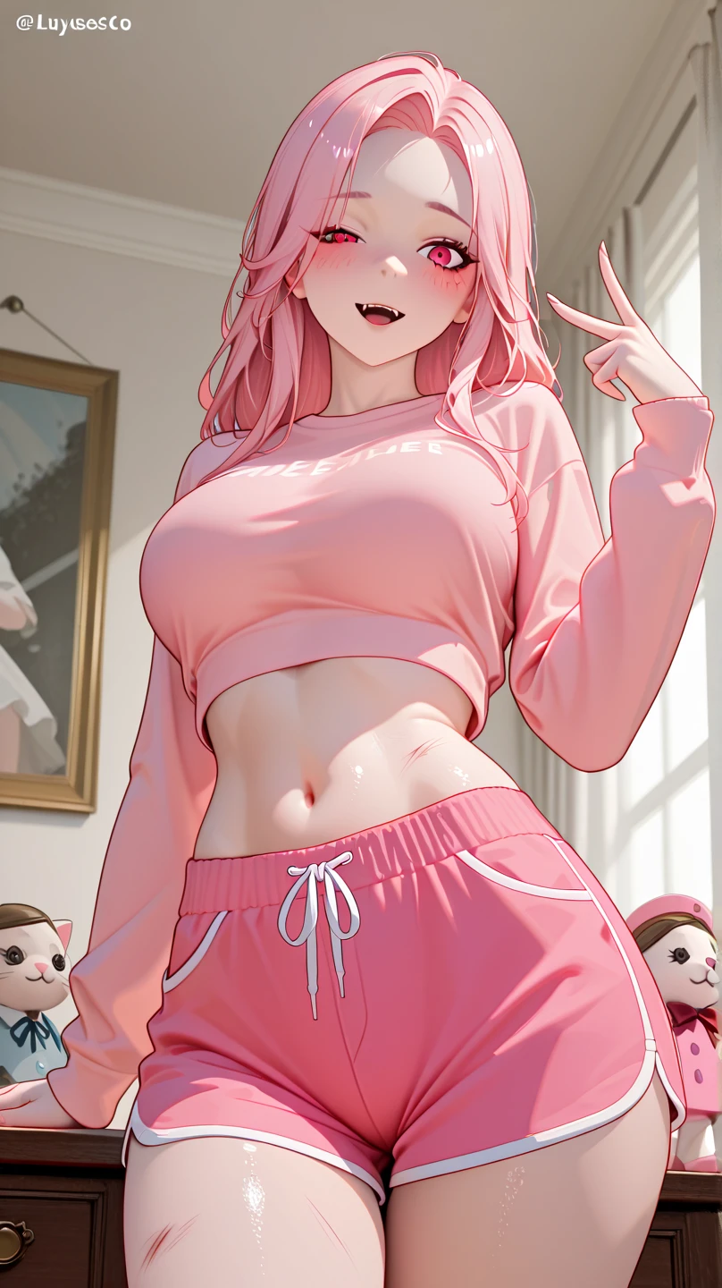 ultra-realistic, 1girl, blondish pink hair, blue eyes, glowing eyes, sweater crop top, classroom, skirt, parted lips, blush, tinted windows,nsfw, panties