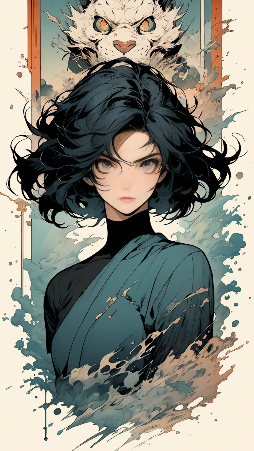 Trigun、Persona、Beautiful woman、Movie Posters、Upper Body、Model pose、(((mysterious)))、Small breasts、Black Hair、Short sleeve、Faint lighting、Abstract background、(((Geometric pattern)))、Mandala、(((spiral)))、Green Hair