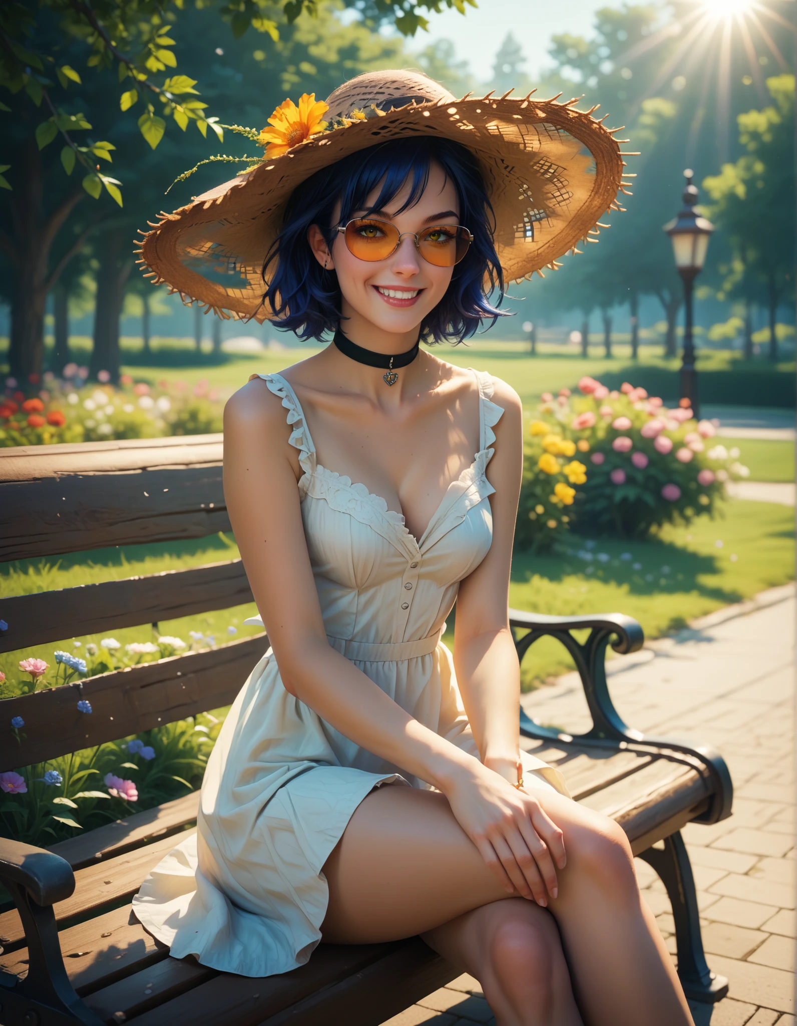 score_9, score_8_up, score_7_up, masterpiece, best quality, absurdres, highres, solo, mz, ahoge, short hair, blue hair, yellow eyes, sunglasses, crossed legs, sundress, black choker, hands on own knees, straw hat, bench, sun rays, flowers, outdoors, park bench, hand up, holding ice cream, arm support, scenery, detailed background, smile, dripping ice cream, messy