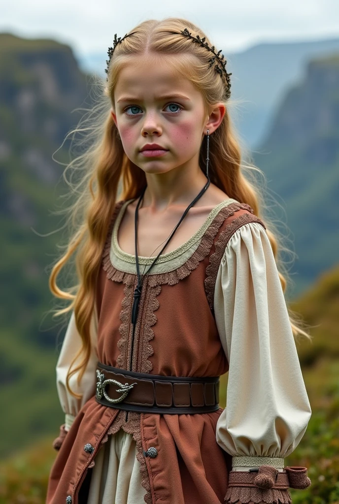 A viking girl, 12 years old. Strong. Self-Confident. Pale skin. Long brown hair. braided hair wreath. Wearing a blue and red viking tunic. In a peaceful little nordic village by the river.