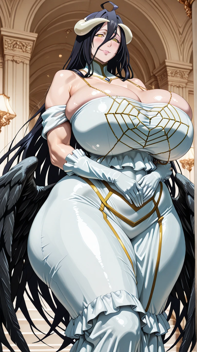 Fairy with extreme muscular body, big blue butterfly wings, long black hair and huge breasts.