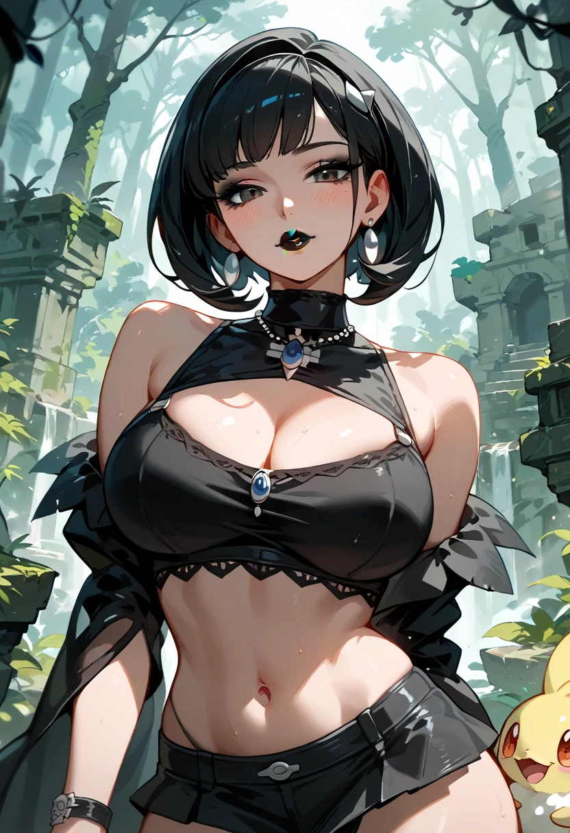 (high quality, 8k, 4K, high contrast, artwork:1.2, high quality, best aesthetics), (dynamic angle), ((1 woman)), erotic, sensual, mature body, super detailed, beautiful face detailed, detailed beautiful mouth, perfect breasts, wide thighs, sexy body, black hair, short hair, short straight hair, long hair bangs, black blindfold, blindfolded, black blindfold covering the eyes, sadistic facial expression, sadistic little smile, sexy long black dress with gold details, centered, looking at the viewer, erect body posture.