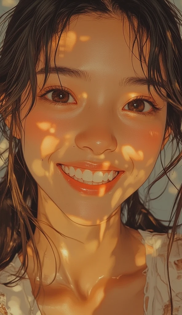 (Portrait of a girl laughing out loud:1.4)、(Contrasty:0.7), (radiant mosaic:1.2)、(catch the sunlight:0.6)、(glass shards:0.6), Like sparkling and dancing、Inject warmth and vibrancy into your space,