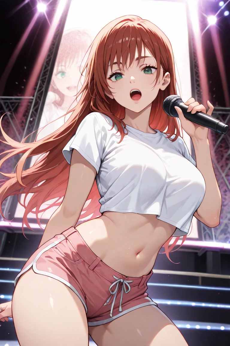 room, 1 Girl, Highest quality, Ultra-high resolution, Long Hair, Redhead, Green Eyes,Pink Bra、Pink Panties, Looking at the audience, Small breasts, Are standing , smile, Open your mouth