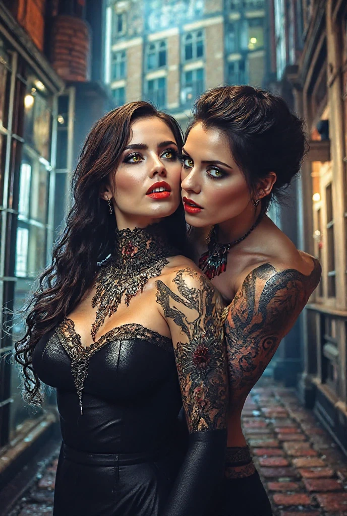 woman giving tattoo to another sexy woman full of tattoos