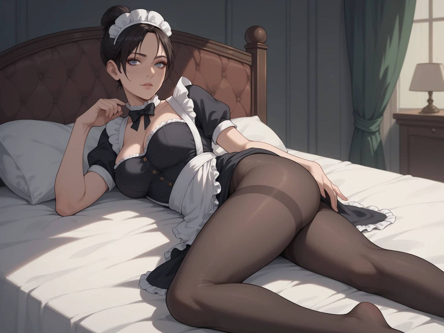 ((Masterpiece)), ((Highest Image Quality)), ((Best Quality)), (Illustration of One Girl), Long Black Hair, (Flat), Tall Body, (((Muscular Strong Body)), ((Muscular Chest Plate)), ((Muscular and Thick Arms)), ((Muscular and Thick Legs)), (((Maid Clothes)), Indoors, Bed,