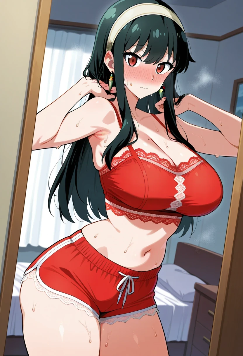 High tail hairstyle, Ponytail hairstyle, Long wavy black hair, standing posing, anime girl style, pixel art anime style,penetrating look with deep eyes,red and purple eyes, hair with a ponytail hairstyle trapped with a big red bun, women, red hair clips, x color shaped hair clips , smiling face blush, next to his bed, lingerie, tank top, Black hair, big thighs, body