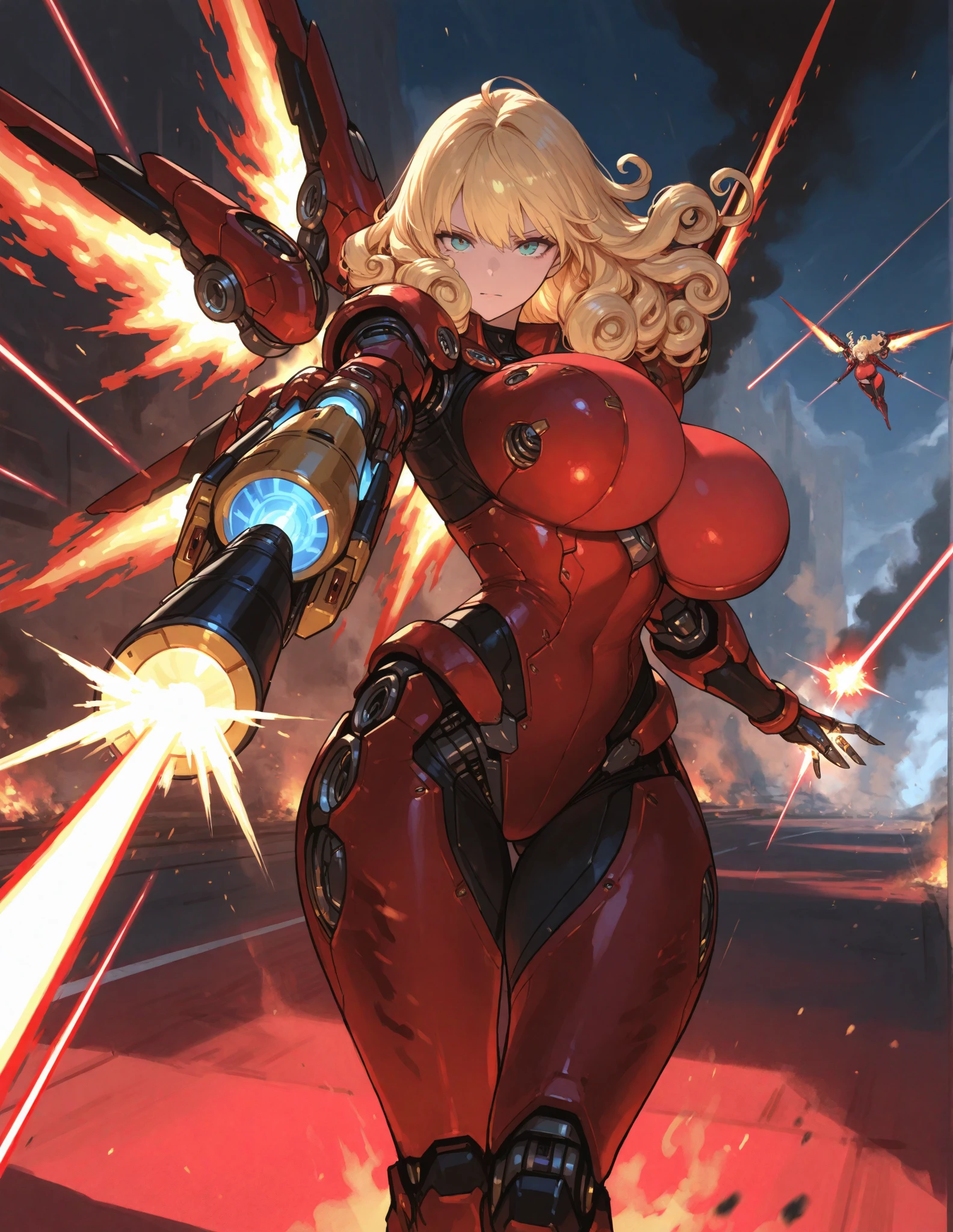((Beautiful mechanical girl)),Red body,Red legs,Red arm,Long blonde hair,eBlue eyes,shapely body,perfect body figure,Raised sexy,huge boob,beauitful face,ellegance,mature,Just the right lighting,perfect detail,Perfect facial features,Use characters as the main subject of the picture
