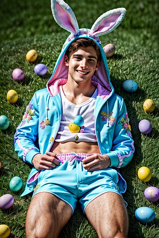 Craft an enchanting Easter fantasy scene featuring a young and handsome model reclining in a lush grassy field. He wears adorable pastel-colored underwear, adorned with charming bunny ears on his head. As he holds a beautifully decorated large Easter egg in his hand, an overflowing Easter basket sits beside him. Ginger boy hair colour, piercing blue eyes, without eyebrows, and a detailed face, capture his playful expression as he immerses in this stunning spring landscape. Ensure the scene is vibrant and bursting with Easter-inspired elements and lively colors