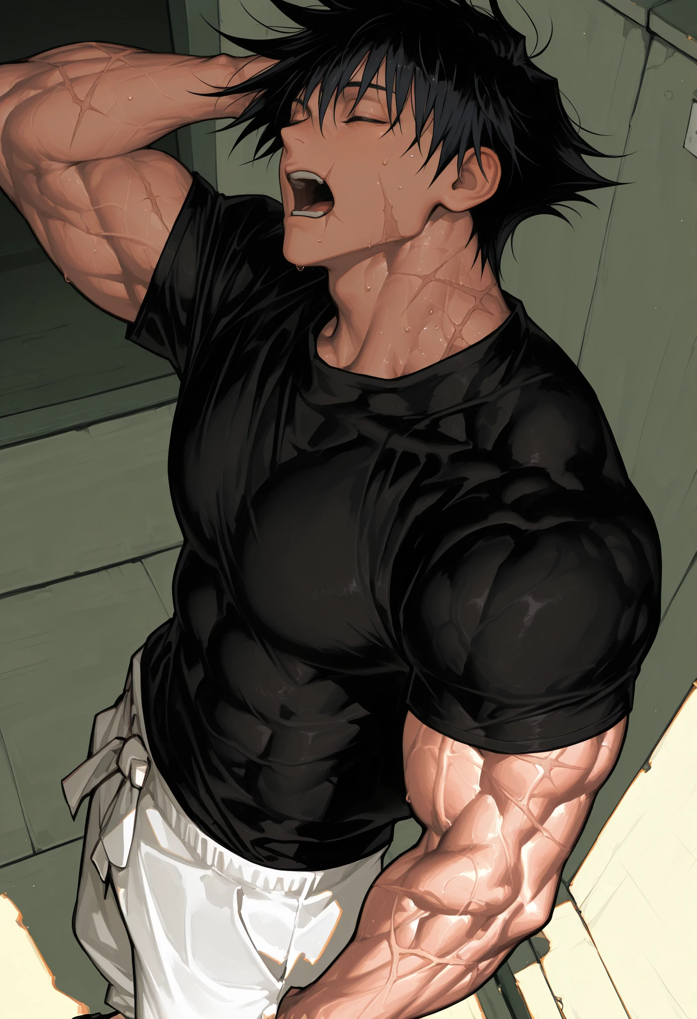 Toji Fushiguro,height:180cm, Physical structure :muscular, black hair,Monk Appearance,well-trained muscles,Abdominal muscles,sweat,backwards view image, scar on the mouth , black hair, Black Short Sleeve Shirt, wide white pants ,from above,arm behind the head,yawning,relaxed,Manhood, dynamic poses, dynamic angle, The image is clear and sharp ,