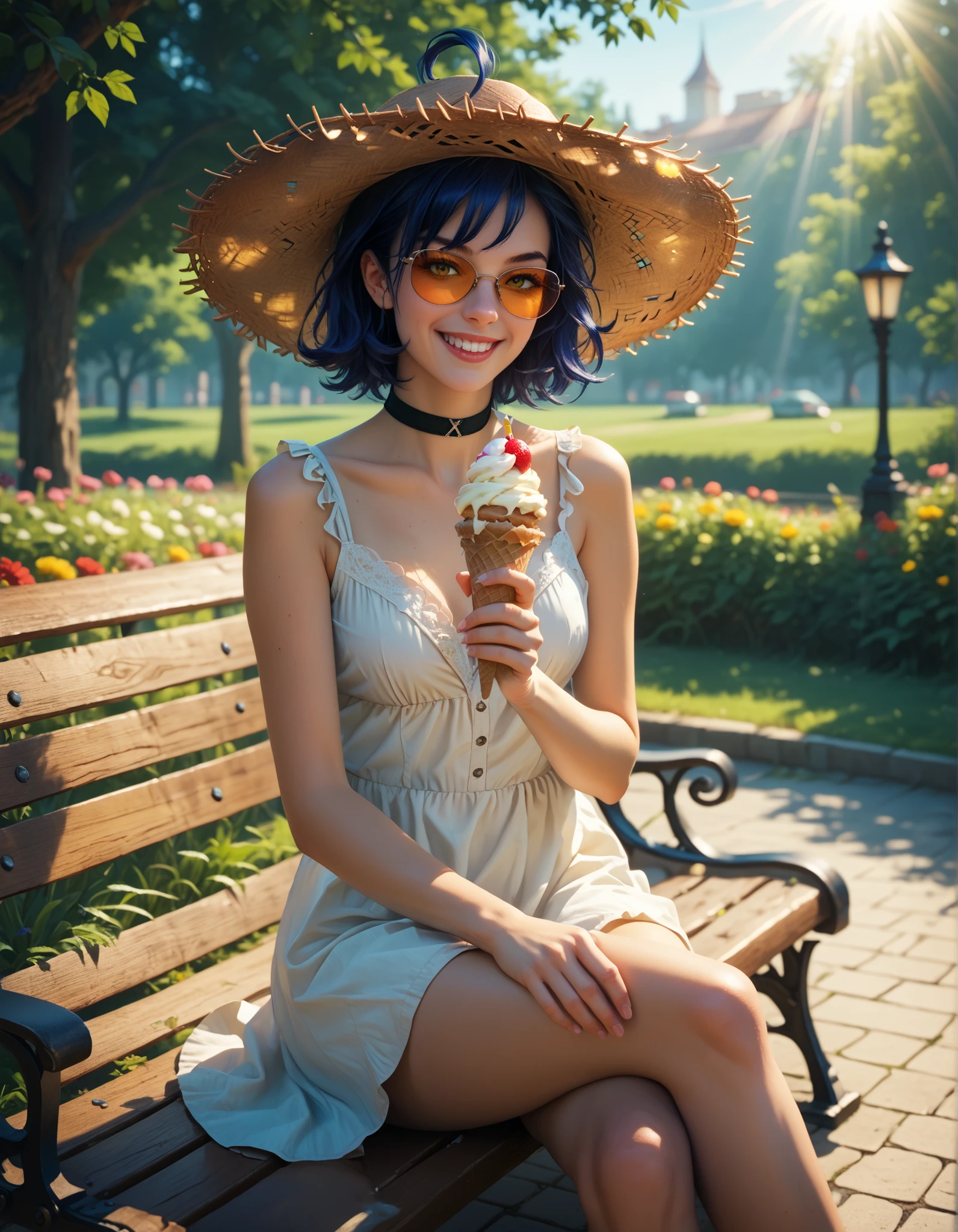 score_9, score_8_up, score_7_up, masterpiece, best quality, absurdres, highres, solo, mz, ahoge, short hair, blue hair, yellow eyes, sunglasses, crossed legs, sundress, black choker, hands on own knees, straw hat, bench, sun rays, flowers, outdoors, park bench, hand up, holding ice cream, arm support, scenery, detailed background, smile, dripping ice cream, messy