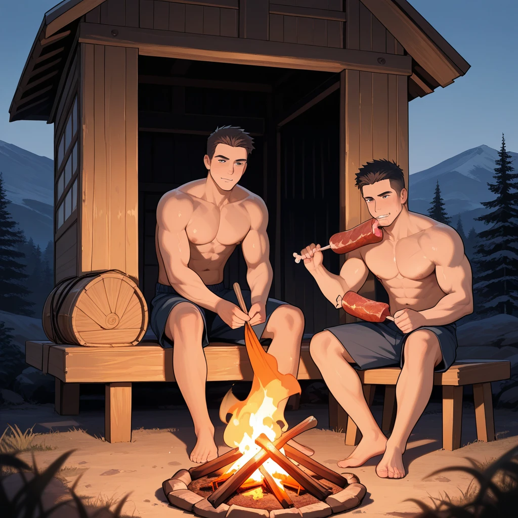 2boys enjoying a cup of coffee in a igloo in cold winters, shirtless