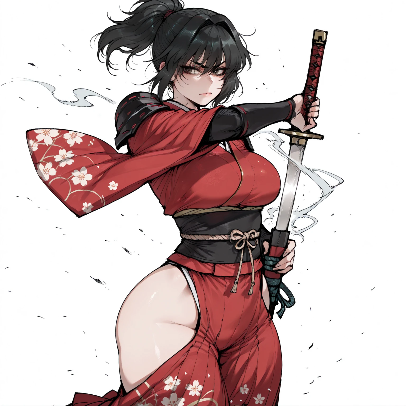 highschool student, female, 17 years old, sexy body, voluptuous figure, tightsuit, red hair, red decolored hair, alone, samurai class, persona 5 style, human, beautifull face, long hair, defined body, red and bright eyes, thick legs, strong legs, tall, Voluptuous legs, black robes, huge ass, big hip, big ass, black and red robes, tall girl, magic powers, expert with katana,