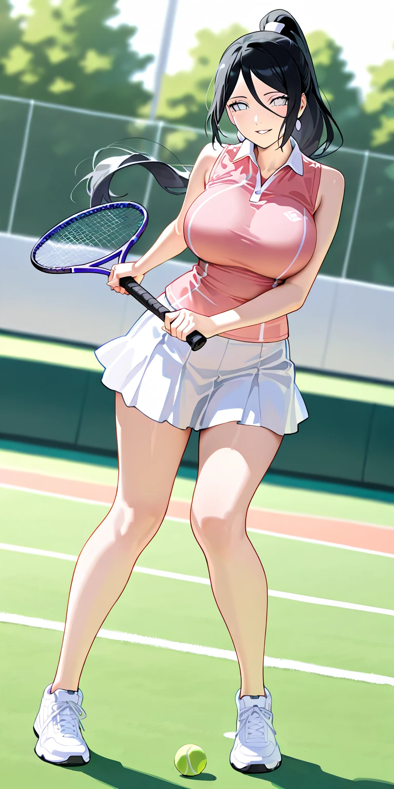 ((Tennis Uniform)),White panties,1girl in, ((Solo)),(A MILF), (((maturefemale,Adult Woman))),masuter piece, of the highest quality, ultra-definition, max resolution, A highly detailed, Clean skin, Large bust,blush,thong,(Mini skirt),((From below)),Short socks,(Sleeveless),Front view,White skirt,cleavage,Squatting,White Dress,((groin)),pantyshot,plein air,Cameltoe,
