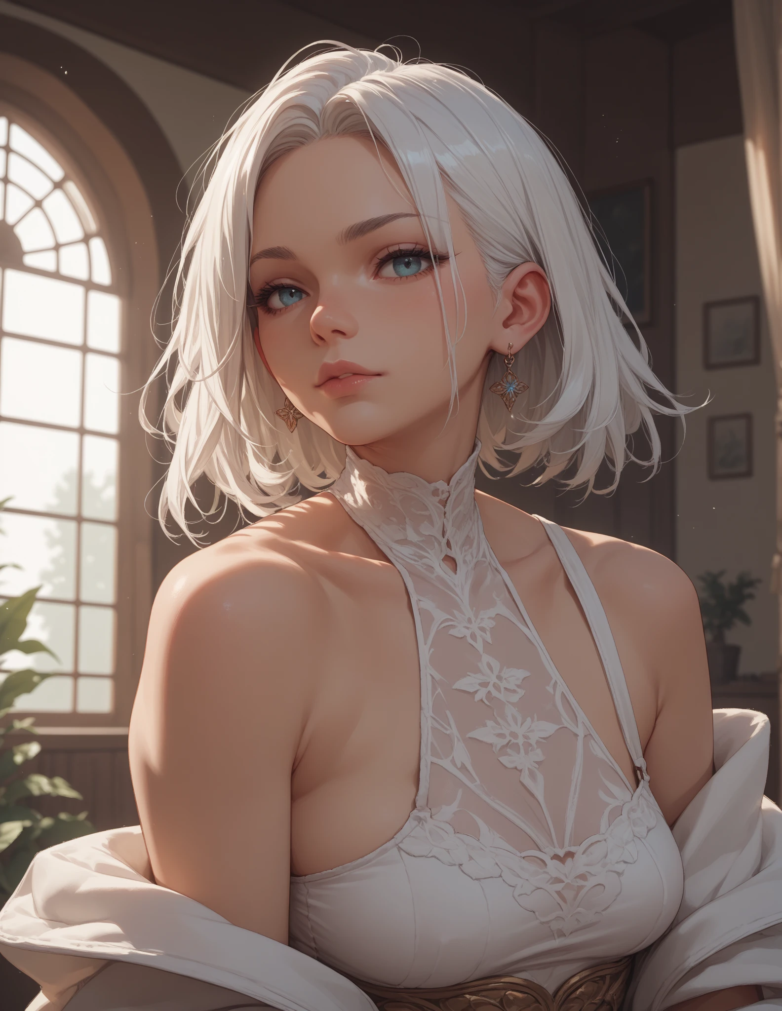 Masterpiece,realistic, 1girl,(MyleneHFV4), platinum hair, golden eyes,ringed eyes, single braided ponytail, ((POV, close shot)), Black turtleneck shirt, nipples, highlight breast, side bangs, sweats,