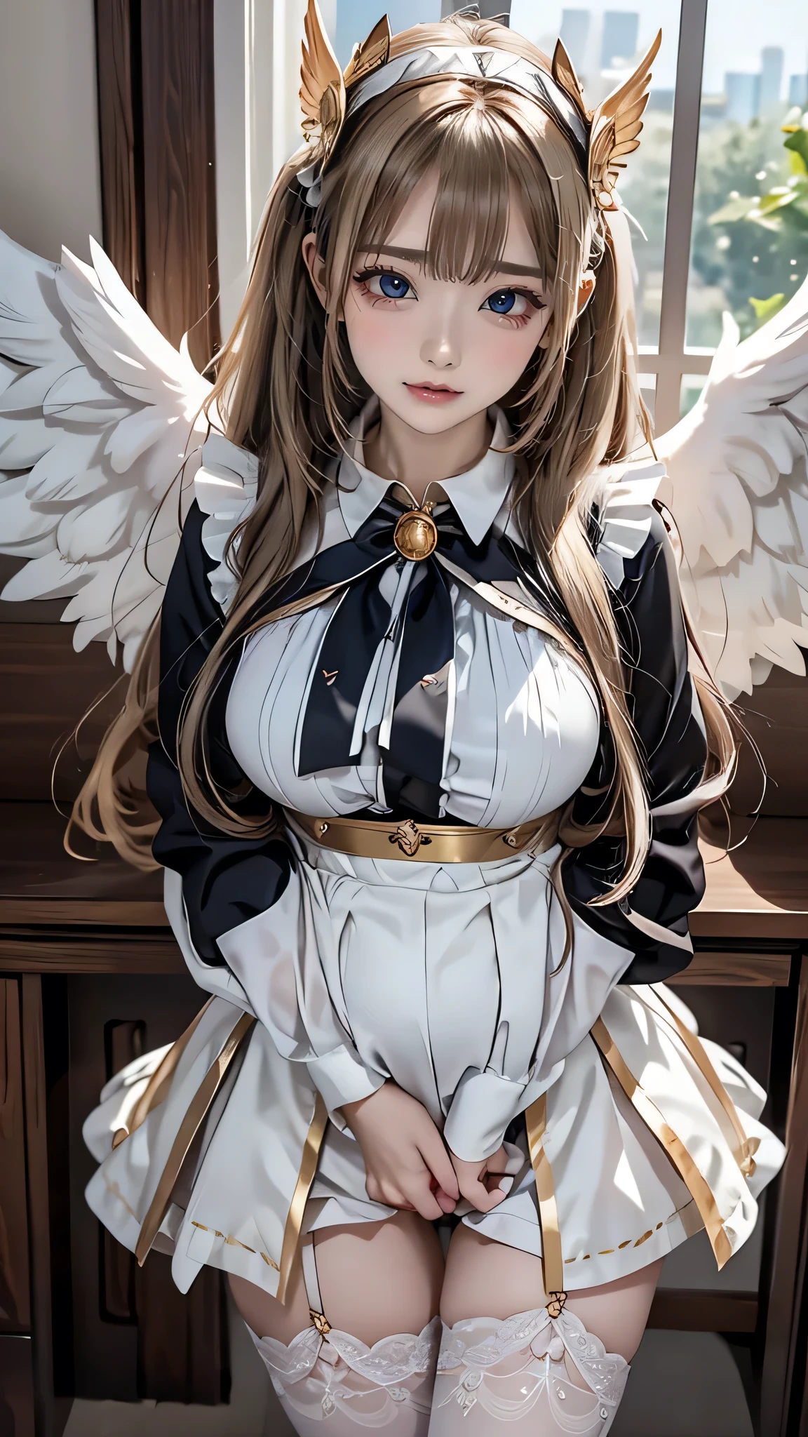 Quality over 8K, a female angel,Sexy,Long Blonde Hair,Anime,Goddess,Symmetrical blue eyes,Ultra detailed eyes,Transparent lingerie,forest,Sword,golden wings,Full body,hyperdetailed lips, hyperdetailed face, Double eyelids, Ultra Detailed feet,で,Beautiful legs,Tight boots,Full Leg Priestess、valkyrie、Angel wings、a navel、sideboob barbosa、with an intricate、Particles of light、thighs thighs thighs thighs、shinny skin、Perfect litthing、1girl in、looking at the viewers、Winged headgear、pelvis curtain、A smile、(​masterpiece)、(top-quality)、Very gigantic-breasts、maternal、Porcelain Skin、honey blonde hair、Very long hair、hair wavy(valkyrie,Paladin:0.6),Angel wings,with an intricate, Perfect Lighting,  Looking at Viewer,(masutepiece), (Best Quality)(valkyrie,Paladin:0.6),Angel wings,with an intricate, Perfect Lighting,  Looking at Viewer,(masutepiece), (Best Quality)(ValkyrieArmor:0.5),(Winged headgear:1.1),School Girl,,with an intricate, Perfect Lighting, 1girl in, Ponytail, Looking at Viewer, Smile, snulight,creek,blazing(masutepiece), (Best Quality),thighs thighs thighs thighs 、a beauty girl，red color mecha，As graceful as a swan，Enchanting，Long grey hair，Red body，Fluorescence line，White hands，lab room，FutureTech，Red indicator light on the body，Full body photo，standing on your feet，dreamy scene，，dyna，super detailing，Cell shade，8K detail post-processing，magnifica，hyperphotorealism，8K，epic composition，intricate-detail，unrealengine，Flying，Laser Cannon，Holy Angel Mecha，Mechanical exoskeleton，whaite hair，golden pupils，flower  sea，Eventide，Angel Maiden，Angel wings，White long skirt，war，Top quality combat stance, 4K, masutepiece :1.3), short petite pretty woman, Blue-haired、Curly hair、length hair、Colossal 、 Ultra-detailed face、maid clothes、Detailed eyes, sluttish, Pose Seductive,  Smooth skin, (huge-breasted), Round breasts、red blush。kawaii、Shy、1 crying face、nightcity、Sateen、Kimono without sleeves、A dark-haired、Holding a weapon with blood on it、Looking at the camera、Cherry blossoms are d