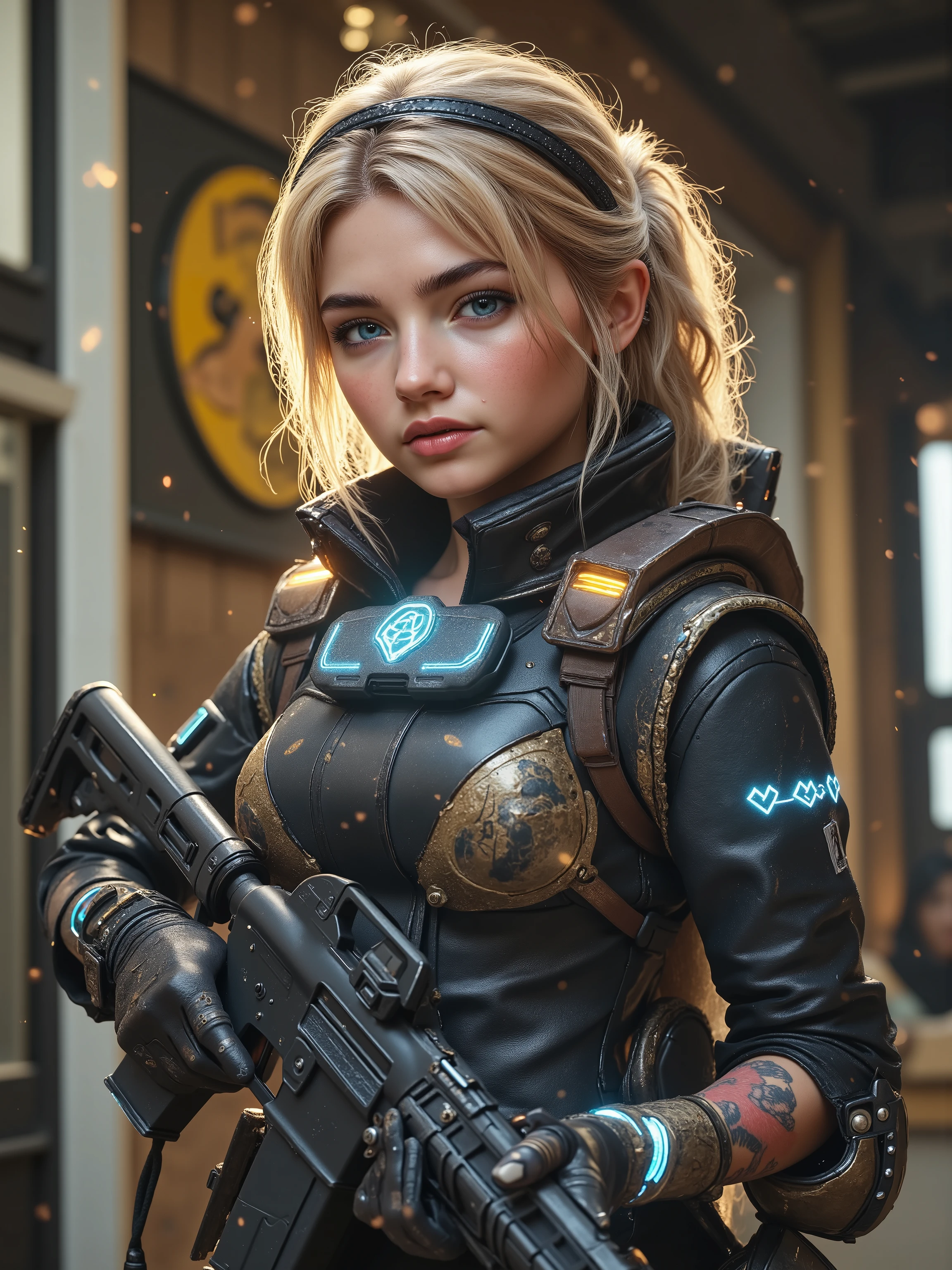 A stunning pretty young lady, blonde hair, a cyberpunk warrior, thunder Blue eyes, high tech warrior, glowing blue eyes, longer curly hair, with rifle, gorgeous lady, full body image, glowing tattoos in her skin, glowing skin, Photorealistic, hyper realms, UHD, hyper realistic, shoulderpads, high tech headset, gears