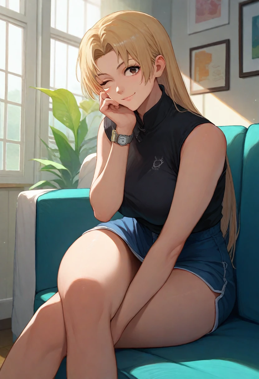 Reines, 1girl, high quality, best quality, illustration, masterpiece, (highly detailed:1.2), (extremely detailed:1.3), bare shoulders, unbuttoned pajamas, (Shirt Unbuttoning: 1.5), sleeveless undershirt, undressing, young girl, shortpants, braid, petite, loli, sweaty, hot summer, slender thighs, in a house