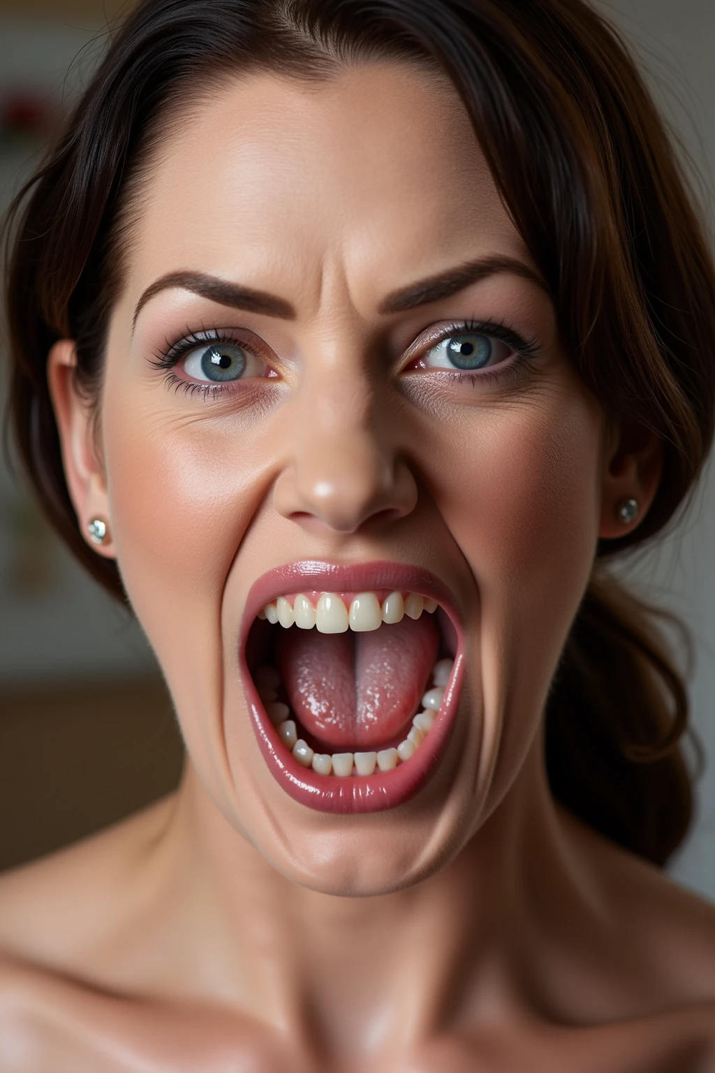 big mouth of a beautiful woman, (( Intense Orgasm )), beautiful model face, Sweaty skin, white skin, open eyes and open mouth wide, Frowning, anger, scream, rage, frown, retina,  super detailed, high detail, high definition, Super white eye white, clear blue eyes , Sarah Shevon ,(( Sexy Mature Woman )) Beautiful skin, (( head back )) Skin that shines with oily sweat, furrowed brow, crazy, frow, horny eyes, saliva dripping from the edge of her mouth, from above, face and upper body, 