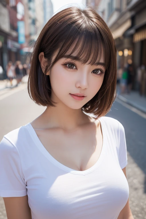 Highest quality, masterpiece, Ultra-high resolution, (Realistic:1.4), Beautiful woman, ((Big Breasts:1.1)), (((Short Bob))), (((Brown ash))), Beautiful Skin, Fine skin, 魅惑的なsmile, Background blur, smile, Hair over the ears, beautiful girl, Fair skin, Voluptuous, Plump body,(((Long Long)))、T-shirt