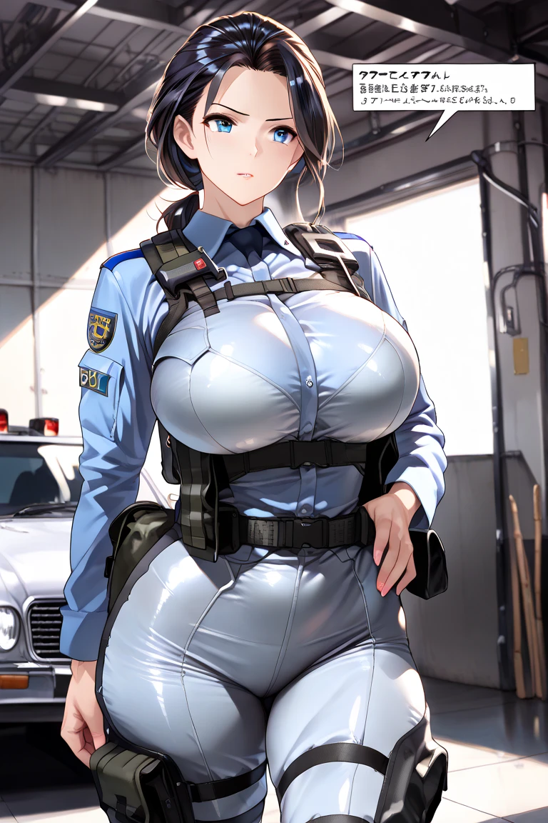 1girl, black hair, short hair, ponytail, long ponytail, blue eyes, huge breasts, thick thighs, toned, hourglass figure, serious, blue jacket, bodysuit, black bodysuit, policewoman, police hat, police, neon trim, futuristic, science-fiction, machinery, tech, car, race queen, sports car, police car, cleavage cutout