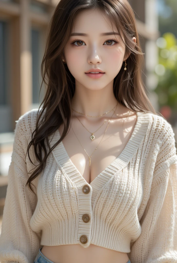 masutepiece, Best Quality, Illustration, Ultra-detailed, finely detail, hight resolution, 8K Wallpaper, Perfect dynamic composition, Beautiful detailed eyes, Natural Lip, knit open chest、Knitted Dresses , Same as, cleavage, Cross legs