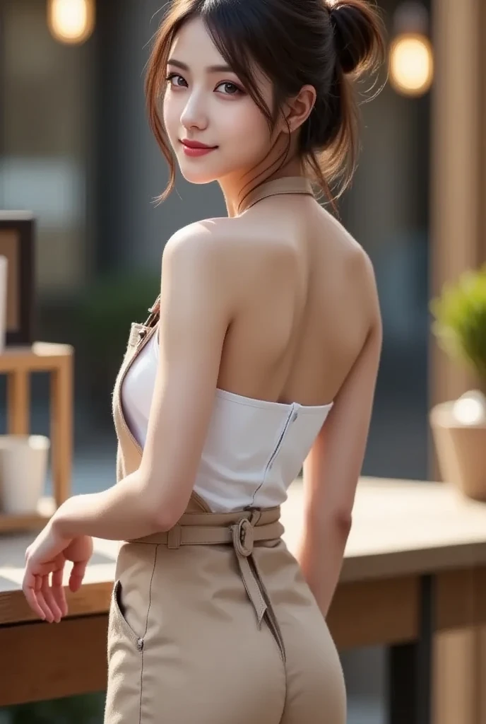 (Detailed skin:1.2),(Shiny skin:1.1),8k,highest quality, masterpiece, Ultra-high resolution,(Realistic:1.4), RAW Photos,(Soft Saturation:1.3),(Fair skin:1.2),1 Japanese Idol,fix,20 years, Brown Hair, Medium Hair, Asymmetrical Hair, Wavy Hair, Asymmetrical bangs
(Pretty face:1.4), (Big Breasts, Tight waist), Beautiful lighting, Small Head,
(High Waist Mini Pleated Skirt:1.2, Short turtleneck knit:1.2, Korean Fashion:1.2), (Belly button:1.2, Slim Abs), Highly detailed face, Highly detailed lips, Fine grain, double eyelid, smile, Full Body Shot, Browsing Caution, Sharp focus: 1.2, Beautiful woman with perfect figure: 1.2、Pose to show your back and look back