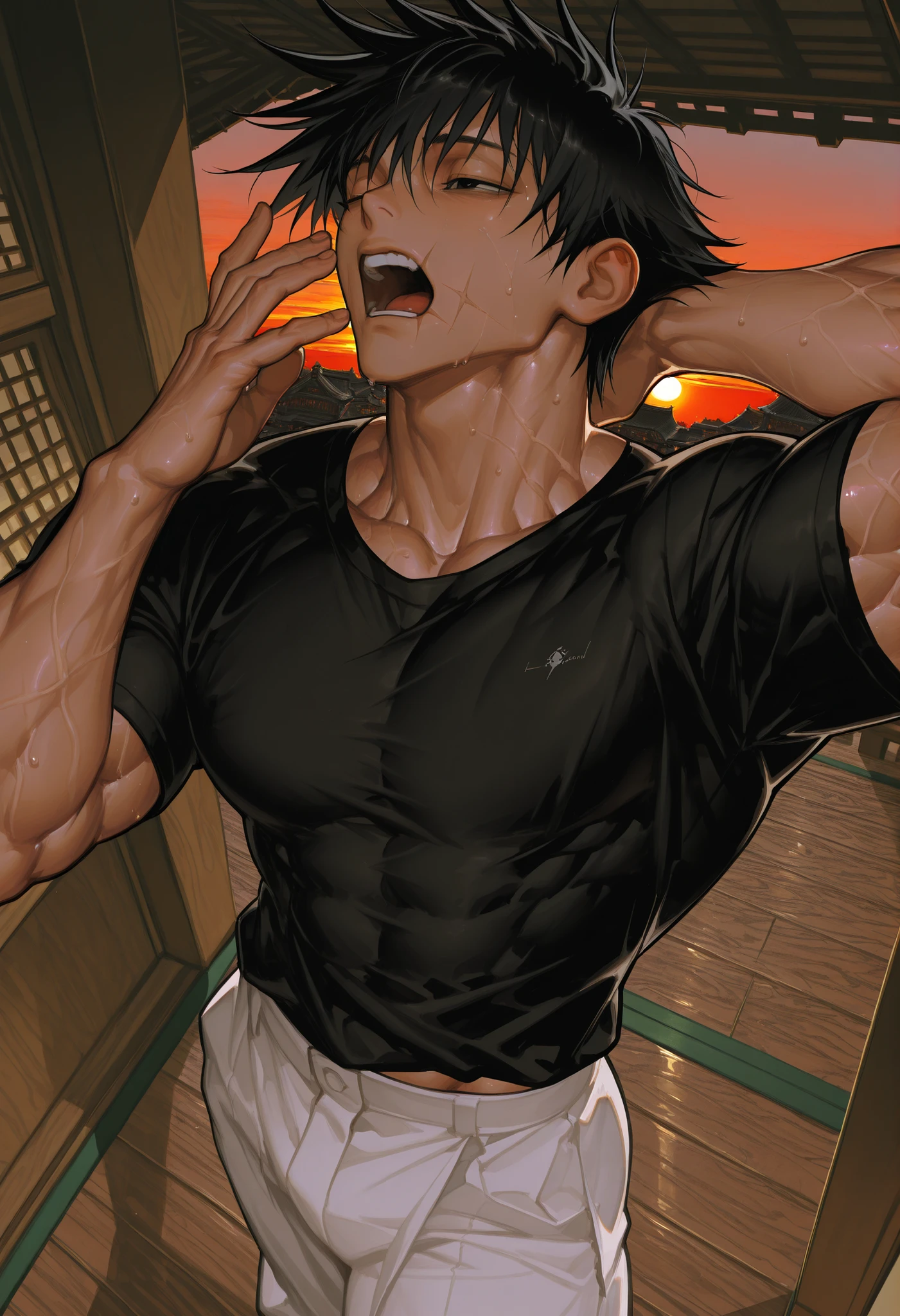 Toji Fushiguro,height:180cm, Physical structure :muscular, black hair,Monk Appearance,well-trained muscles,Abdominal muscles,sweat,backwards view image, scar on the mouth , black hair, Black Short Sleeve Shirt, wide white pants ,from above,arm behind the head,yawning,relaxed,Manhood, dynamic poses, dynamic angle, The image is clear and sharp ,eyes,plano medio,eyes, Sexy eyes,Masculine eyes,elegant Male, sexy eyes,short hair, business shirt,black hair,black eyes, elegant,black shirt,Solo eyes, Alone ,Simple wear,sexy eyes,Tomorrow,Japanese ,carefree,maduro eyes,maduro,temple,wooden floor,tatami,temple japanes,japan,sunrise view, Delicate representation , delicate lines ,Meticulous representation,low angle shot