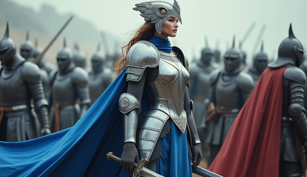 A full-body portrait of a female warrior, standing proudly in the ...