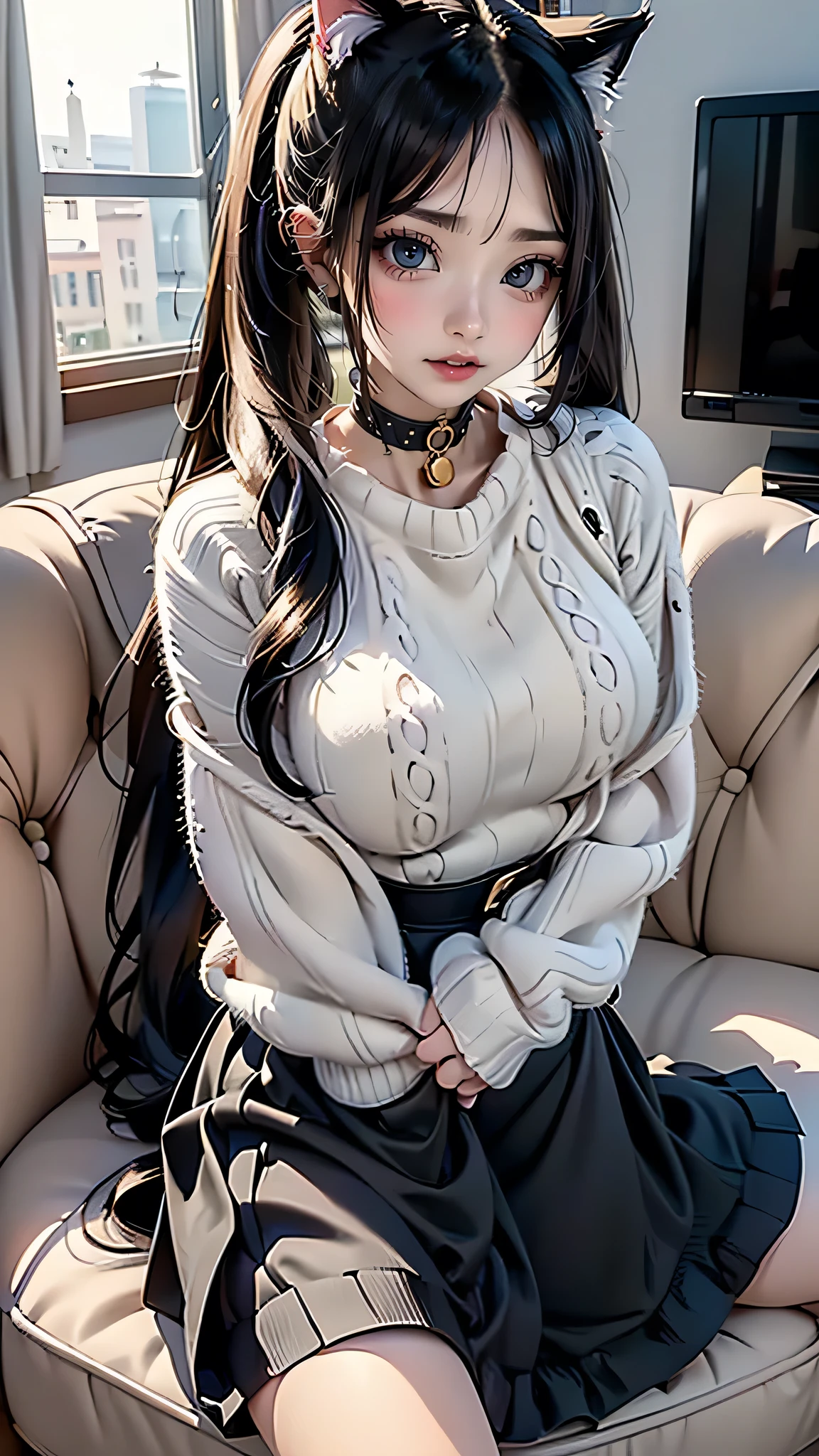 big breasts ((1 sexy feline cat girl)) ((long black hair, high ponytail)), red eyes, wavy hair, extremely sexy body, Choker, (((beautiful sweater, beautiful and stylish skirt)) ), detailed, hyper detailed, (((perfect face)), soft lighting, ((best quality)), dynamic poses, cute expression, popcorn, sofa, tv, living room