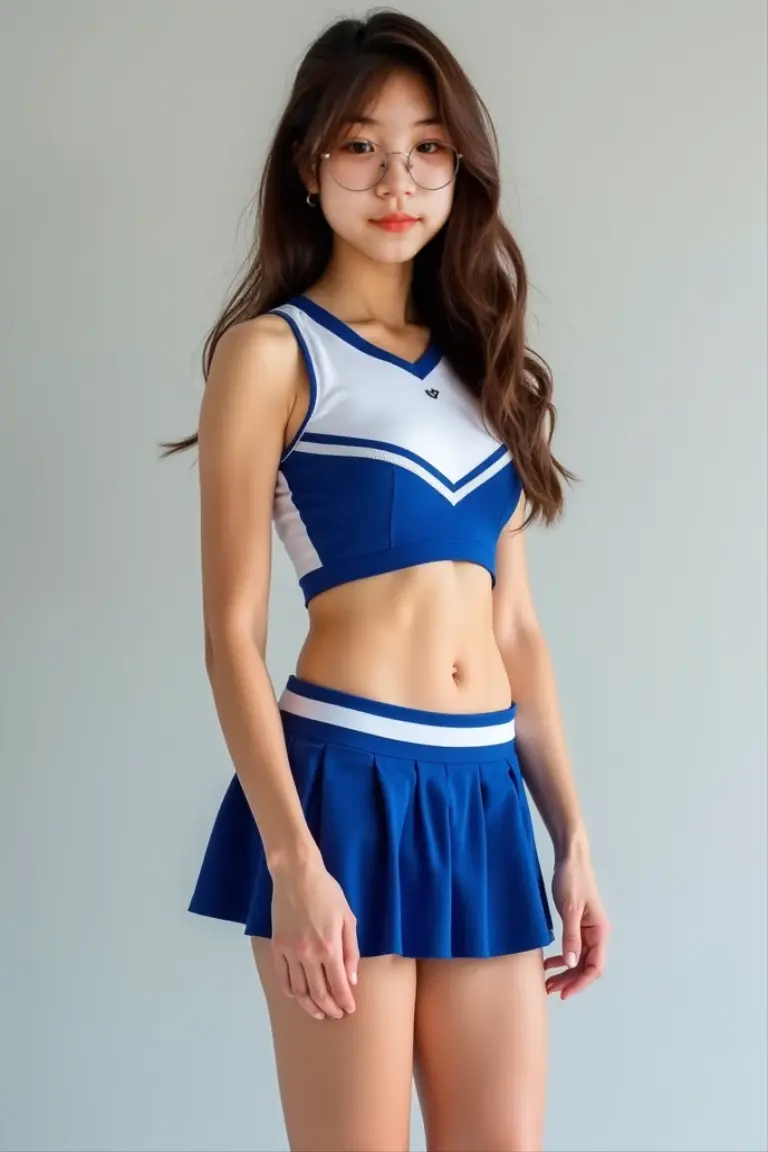 (8x_NMKD-Superscale_150000_G),(8K, Super high quality,highest quality),(masterpiece:1.5),(cowboy shot),one cheerleaders trained by master, 16 years old, ((Stand facing forward with correct posture)), ((Put your hands on your hips)), (Metal Collar), (Blue sports bra, navel bare, Blue panties and mini-skirt), Become the master's personal cheerleader and obey him faithfully, Cheerleader who likes me