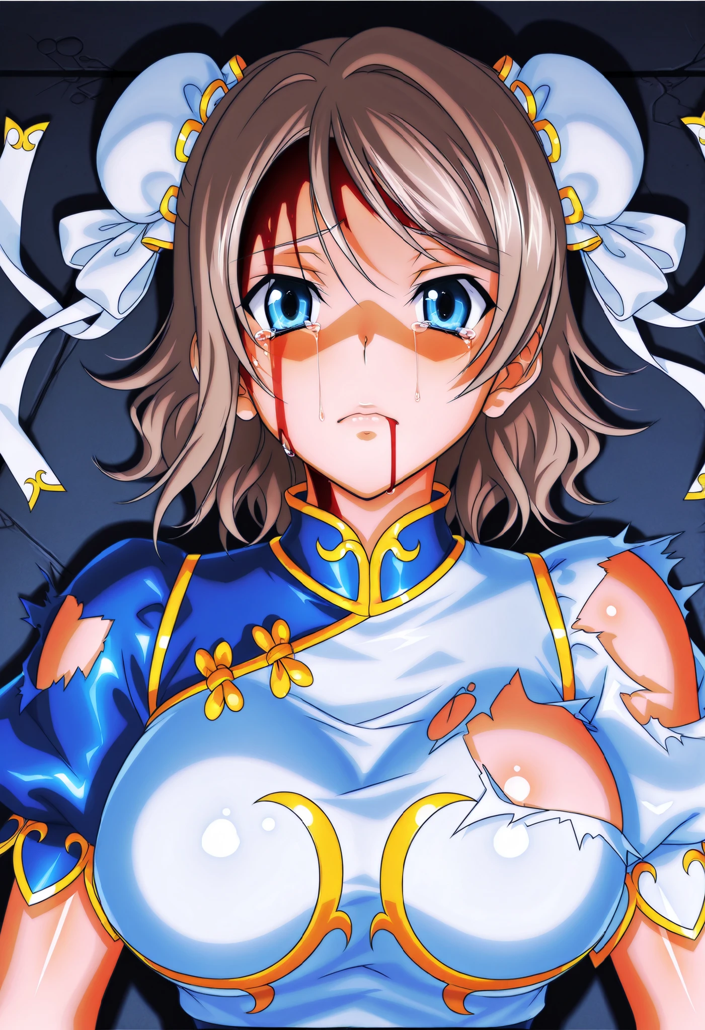 full body, nsfw,violence, chunli, sf2chun, 39yo, abused, teadrop, wounds on body, blood splattered, beaten face, (((swollen nose and cheek))), (((eye swollen almost shut:1.5))), wounds, bruised on face, sweaty,sweatdrop,drooling from mouth, defeated, damege, torn clothes, crucifixion, spread_arms, torture, after torture, spent, prison, high quality, ultla detail, master piece, high resolution, 8K