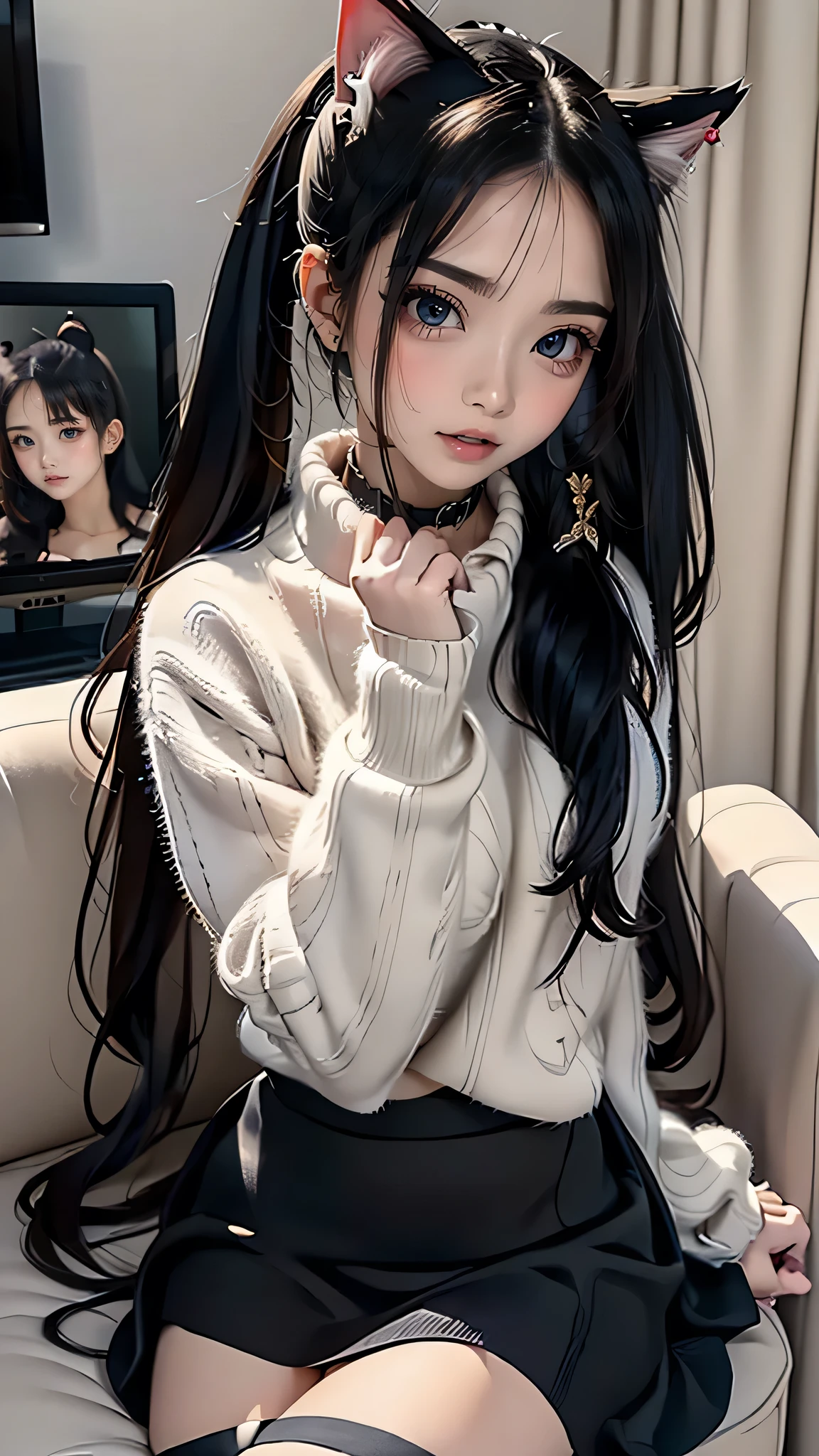 big breasts ((1 sexy feline cat girl)) ((long black hair, high ponytail)), red eyes, wavy hair, extremely sexy body, Choker, (((beautiful sweater, beautiful and stylish skirt)) ), detailed, hyper detailed, (((perfect face)), soft lighting, ((best quality)), dynamic poses, cute expression, popcorn, sofa, tv, living room