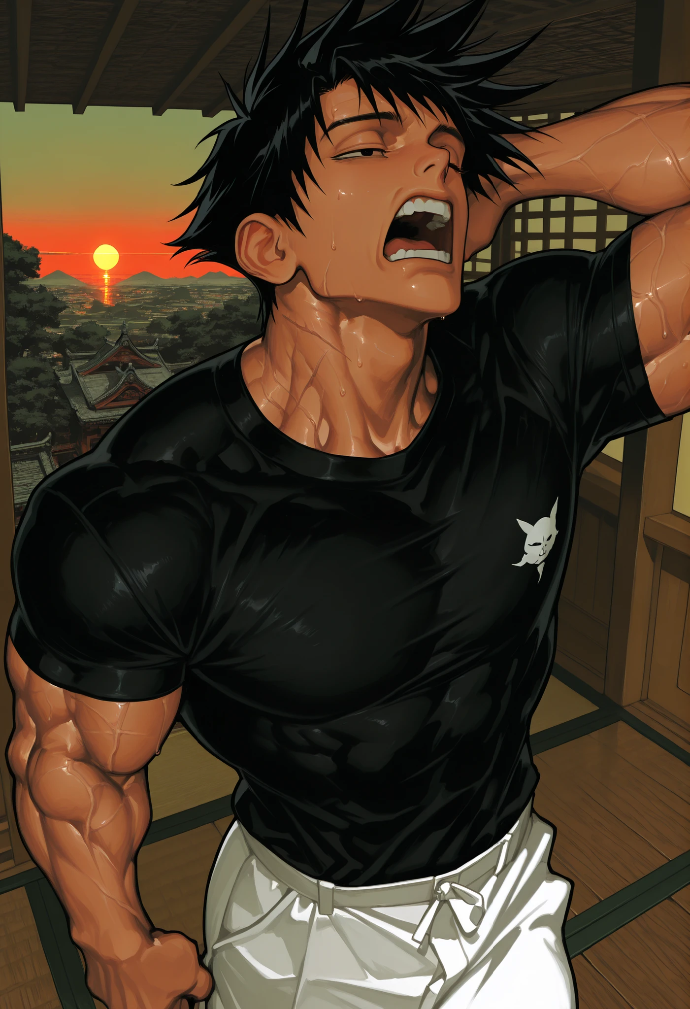 Toji Fushiguro,height:180cm, Physical structure :muscular, black hair,Monk Appearance,well-trained muscles,Abdominal muscles,sweat,backwards view image, scar on the mouth , black hair, Black Short Sleeve Shirt, wide white pants ,from above,arm behind the head,yawning,relaxed,Manhood, dynamic poses, dynamic angle, The image is clear and sharp ,eyes,plano medio,eyes, Sexy eyes,Masculine eyes,elegant Male, sexy eyes,short hair, business shirt,black hair,black eyes, elegant,black shirt,Solo eyes, Alone ,Simple wear,sexy eyes,Tomorrow,Japanese ,carefree,maduro eyes,maduro,temple,wooden floor,tatami,temple japanes,japan,sunrise view, Delicate representation , delicate lines ,Meticulous representation,low angle shot
